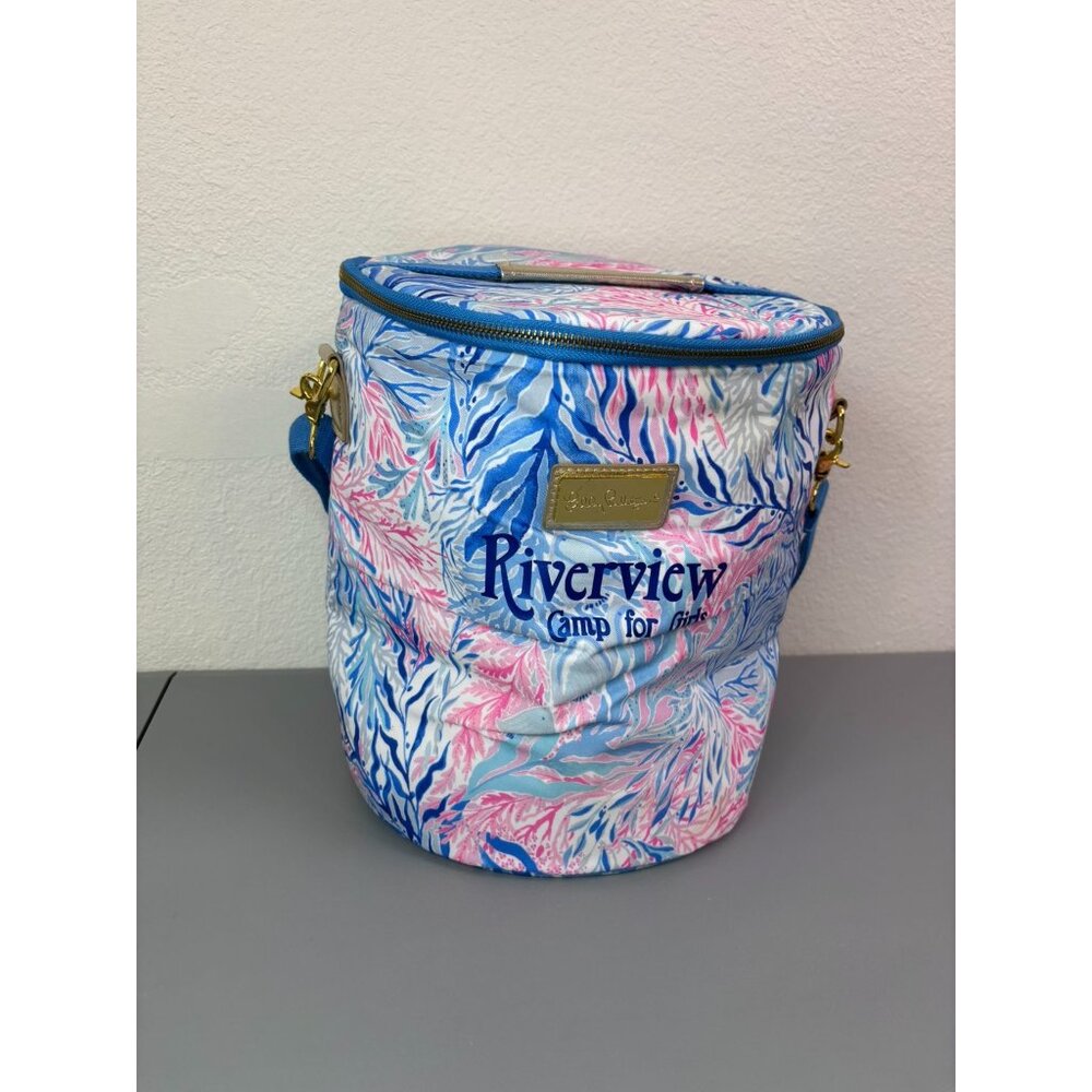 Lilly Pulitzer blue pink patterned round soft cooler lunch tote shoulder bag‎